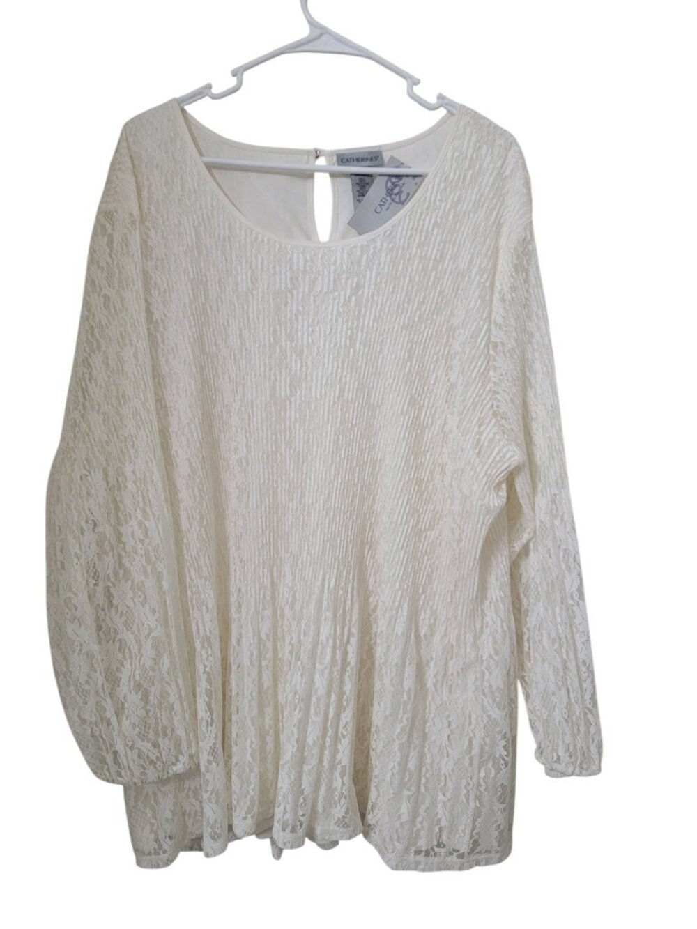 Catherines Size 3X Ivory Lace Overlay Accordian Fold Tunic, Lined, NEW with Tag